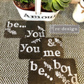 RANKENWERK | Stempel | Redesign Decor Clear - Alpha Buchstaben bedruckte Glasunterstetzer als Beispiel
